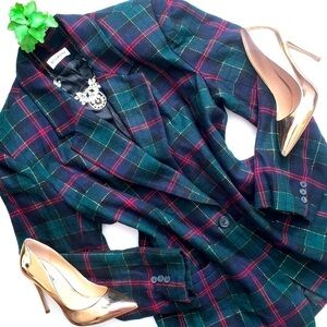 Vintage White Stag Tartan Plaid Blazer Blue, Green, Red, Gold Single Button